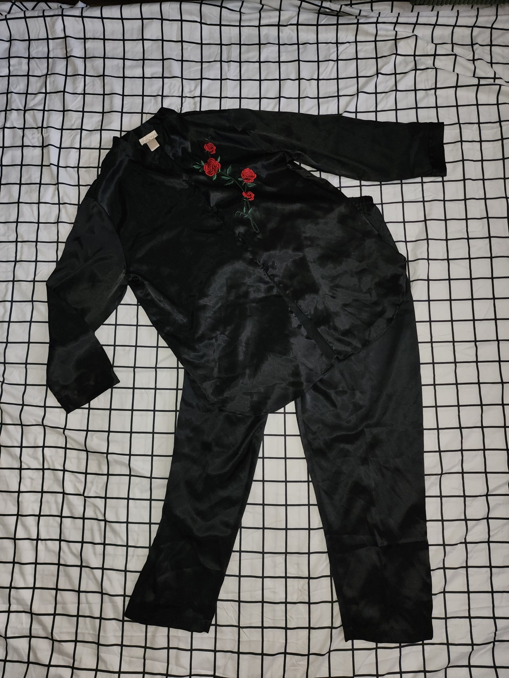 Black Satin Women's Pajama Set with Red Rose Embroidery